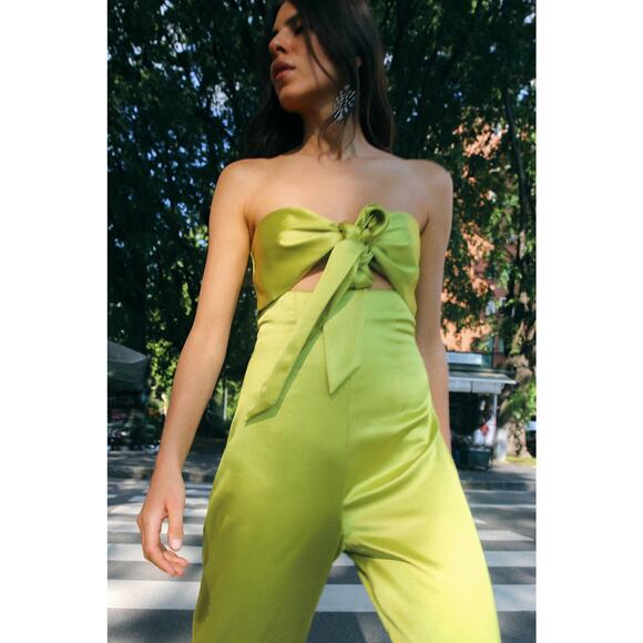 ZARA Strapless Wide-Leg Jumpsuit NWT | Bow Detail Cutout Green M - Picture 12 of 16